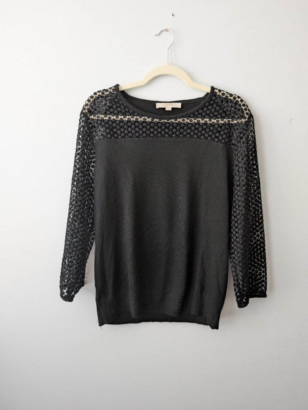 LOFT Black Lace Sleeve Sweater Top – Size Large